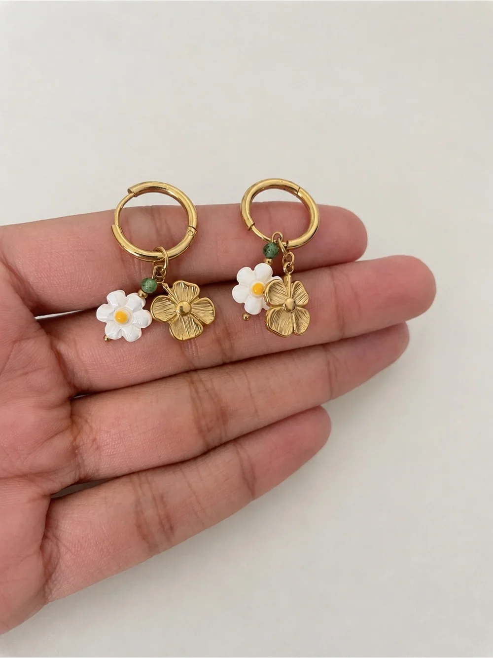 Gold Stainless Steel Flower Charm Drop Earrings